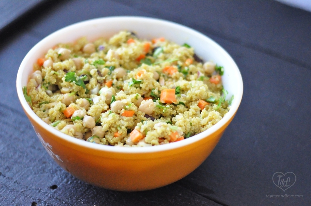 A light + healthy quinoa salad with a curry based dressing. Its delicious served warm or as a cold salad! #vegan #quinoa #glutenfree