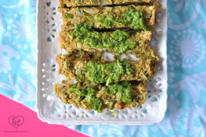 Vegan Chickpea Veggie Loaf topped with a bright, herby salsa verde. A vegan main entree that your family will loaf! #vegan #plantbased #glutenfree