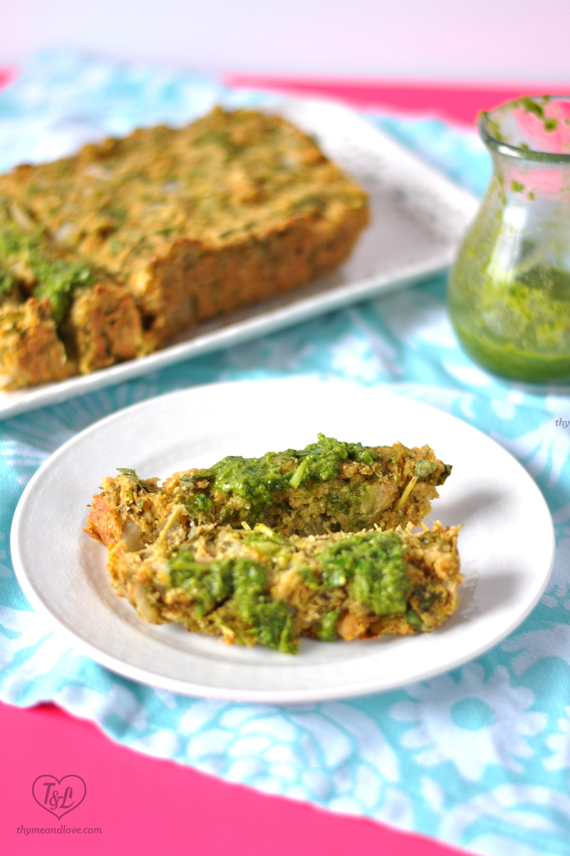Vegan Chickpea Loaf with veggie and lots of fresh herbs. Topped with an amazing salsa verde that you'll just love! #vegan #entree #plantbased #recipe 