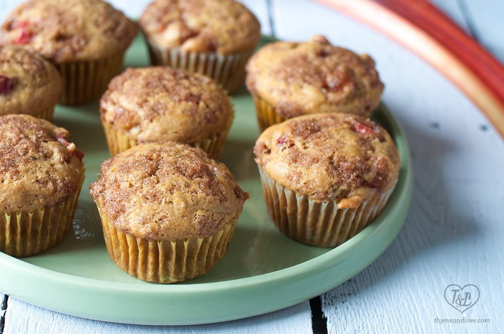 Vegan Rhubarb Muffins topped with a crumb topping 