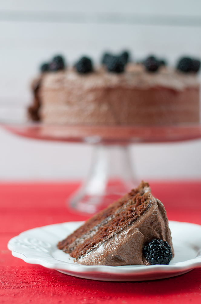 Vegan Mexican Chocolate Avocado Cake with a chocolate buttercream frosting and topped with blackberries! #cake #dessert 