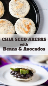 Vegan Chia Seed Arepas filled with easy Latin inspired refried beans and avocado slices. A protein-packed plant-based meal that's perfect for brunch or dinner! #vegan #entree #Venezuelan