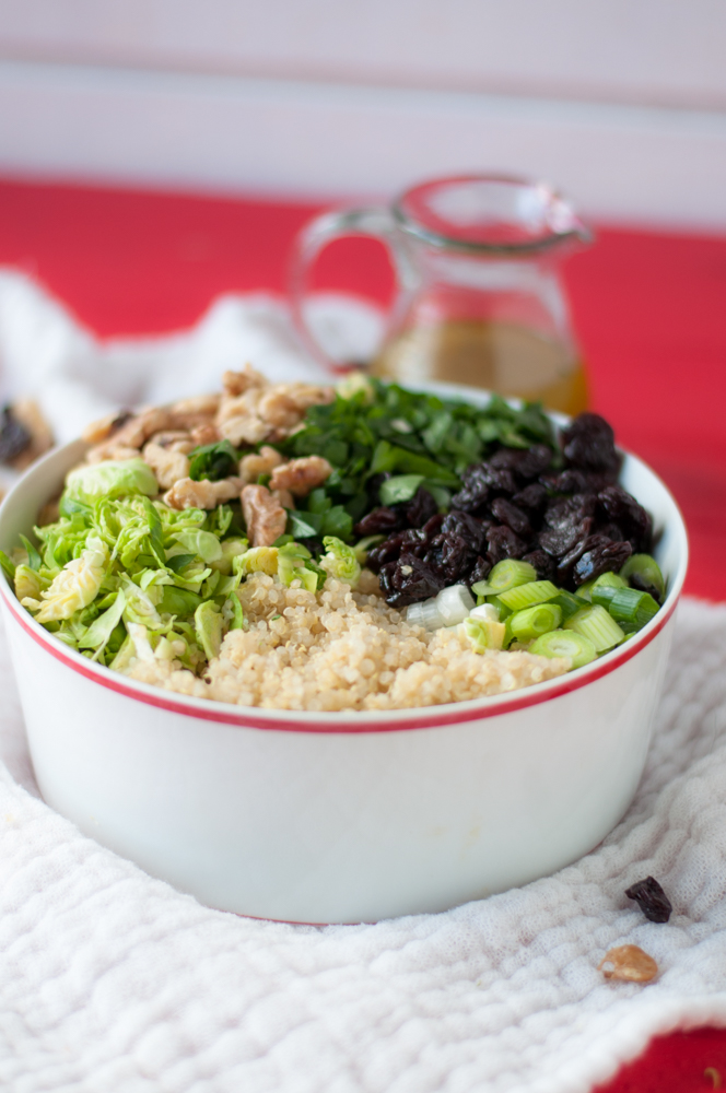 Brussel Sprout Quinoa Salad with Dried Cherries. Perfect fall salad and a great make-ahead salad too! #vegan #glutenfree 
