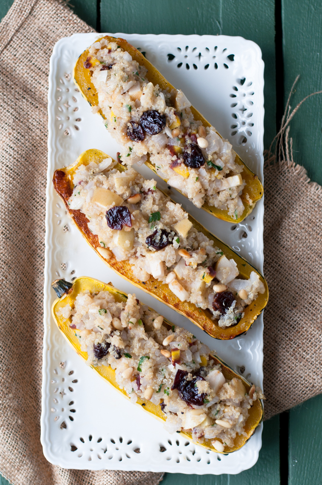 Delicata Squash stuffed with an apple and quinoa stuffing. A fall inspired plant-based main entree that even omnivores will love 