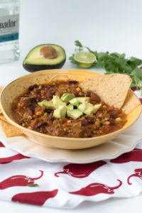 Vegan Tofu Tequila Chili is perfect for game day. It's packed full of plant based protein. Tequila gives this chili a little something extra! #chili #gameday