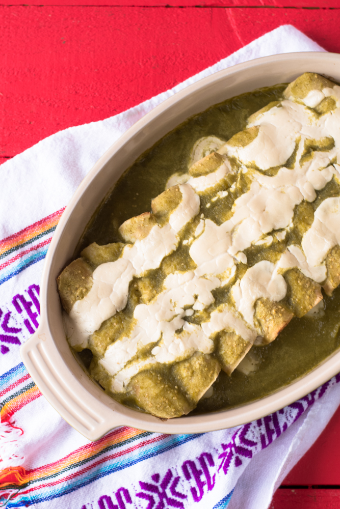 Veagn Potato and Roasted Poblano Enchilas topped with salsa verde and a cashew crema. So good!