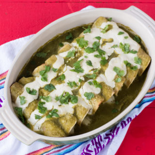 Vegan Potato and Roasted Poblano Enchiladas. Corn tortillas are filled with a potato & poblano peppers. #vegan #mexican