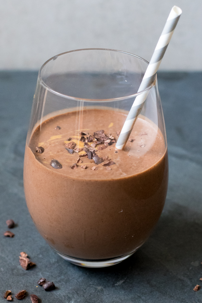 This thick and creamy Cacao Banana Peanut Butter Smoothie is made with nutrient dense cacao nibs and cacao powder. Perfect for breakfast or anytime of day! 