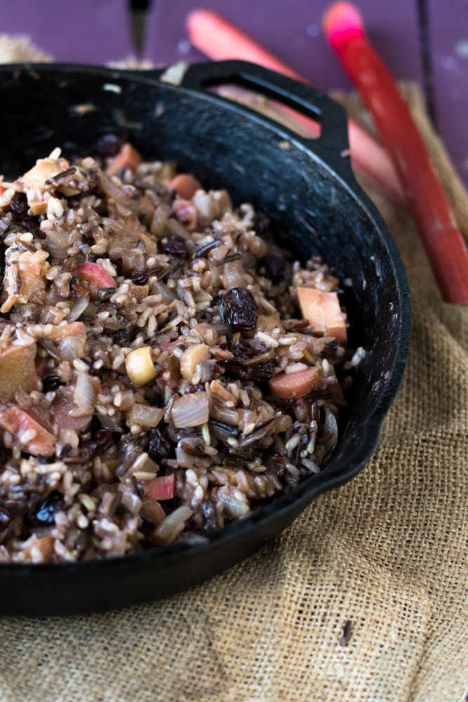 This wild rice pilaf with rhubarb, dried cherries and cashews make a wonderful side dish. It's naturally sweetened with just a touch of maple syrup. 