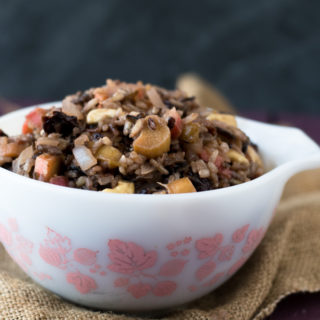 Rhubarb Wild Rice Pilaf is layered with flavor. It's a little tart from the rhubarb and the wild rice is nutty. The pilaf is naturally sweetened with just a touch of maple syrup.