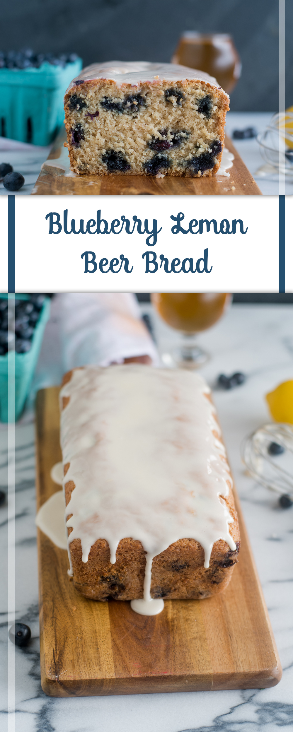 Blueberry Lemon Beer Bread topped with a lemon glaze. It is light, tender and citrusy. 