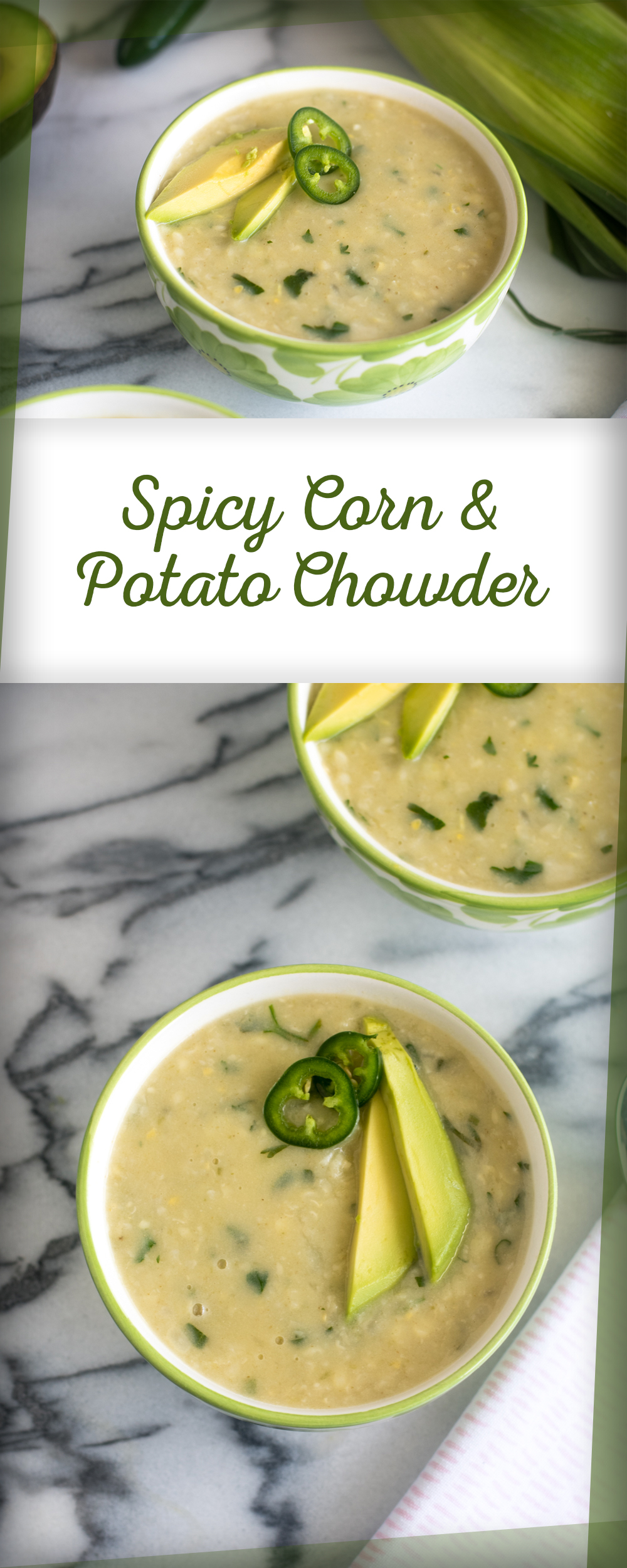 Spicy Corn and Potato Chowder gets a spicy kick from fresh jalapeno peppers!  Perfect way to use up all the summer corn! Lots of delicious flavors going on in this soup! 