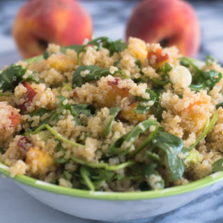 This Peach Quinoa Salad with Sriracha Vinaigrette is an easy salad recipe. It is a little sweet from the peaches and a little spicy from the Sriracha vinaigrette.