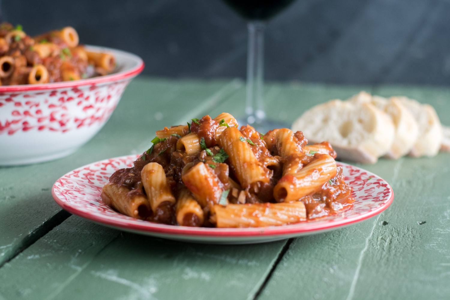 Whole wheat rigatoni is tossed in rich, flavorful eggplant and mushroom tomato sauce. Red wine and balsamic vinegar add a really nice flavor to the sauce.