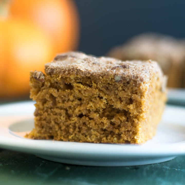 Vegan Pumpkin Cake topped with a pecan streusel is better for fall!  Vegan Pumpkin Cake with Pecan Streusel Post 1 1 720x720