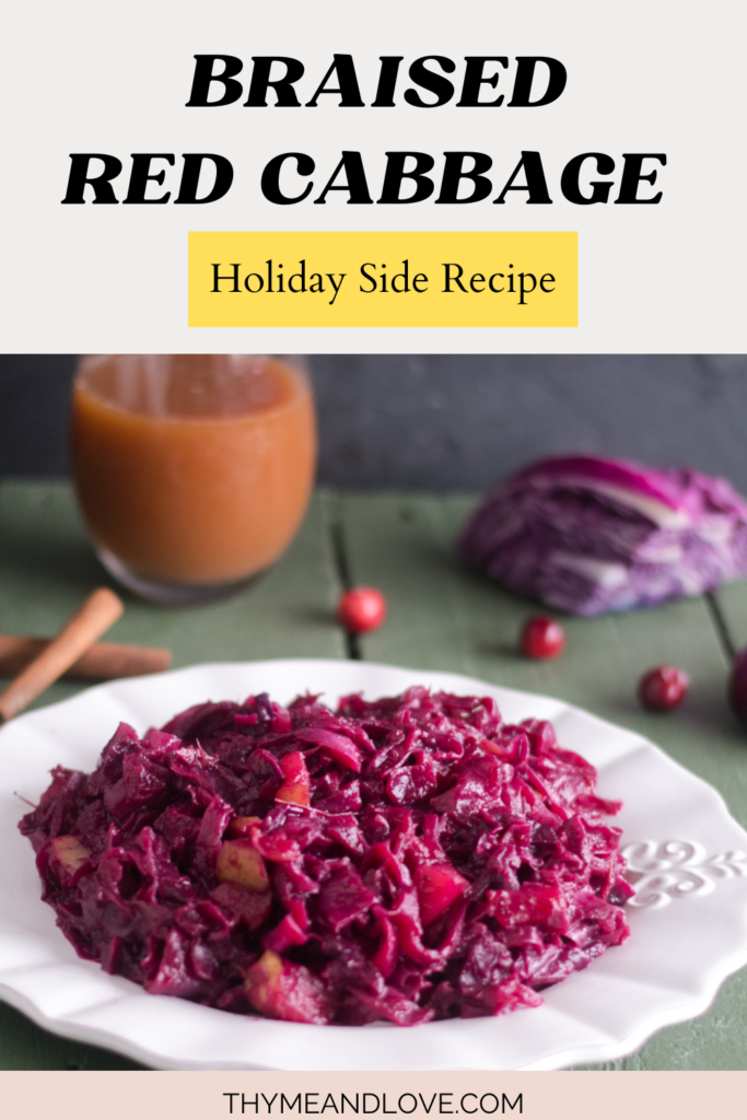 Add this festive Braised Red Cabbage with cranberries to your holiday table! As the red cabbage cooks with the cranberries, apple cider, a cinnamon stick, and bay leaf, the aroma of the holidays fills the kitchen.