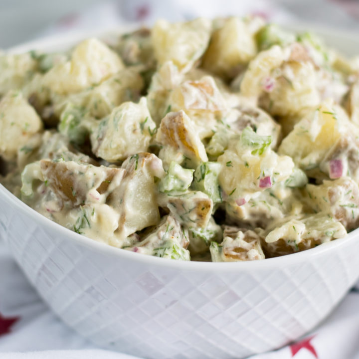 Vegan Dill Potato Salad is perfect for Summer BBQs and picnics! #vegan #potatosalad #side #glutenfree #summer #BBQ #picnic #potato #salad