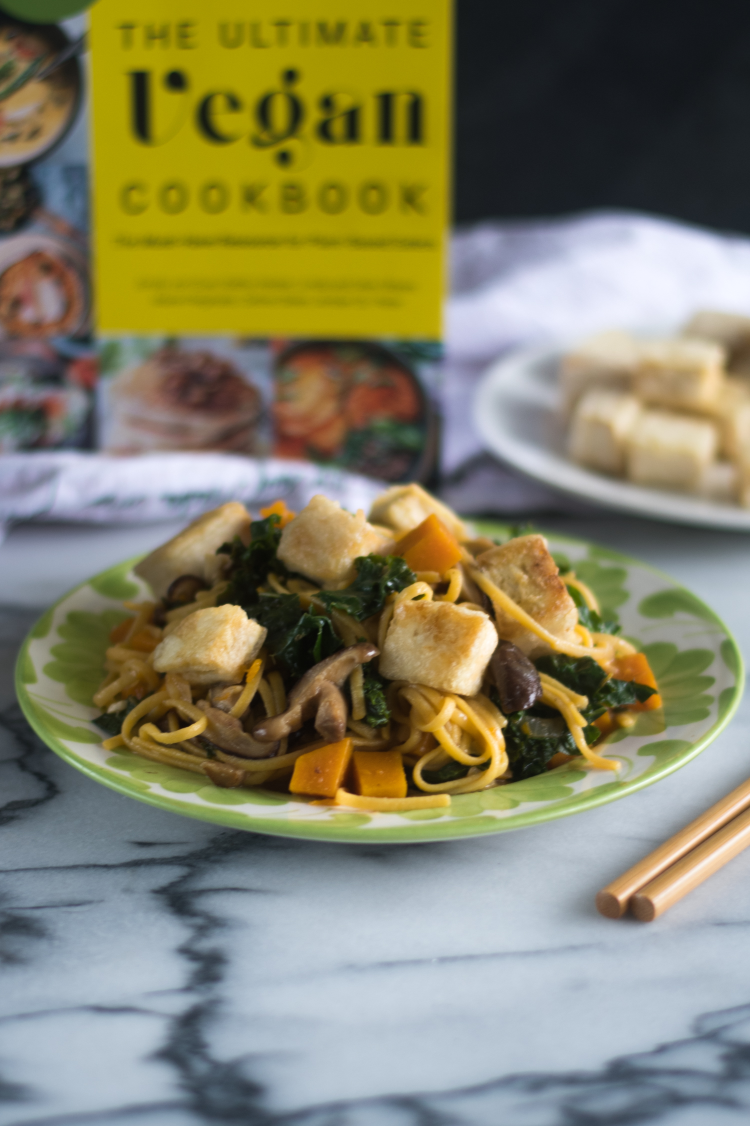 This Butternut Squash and Kale Lo Mein with Crispy Tofu from The Ultimate Vegan Cookbook is healthy and delicious vegan entree recipe! #vegan #recipes #pasta #healthy #entree #dinner #kale 
