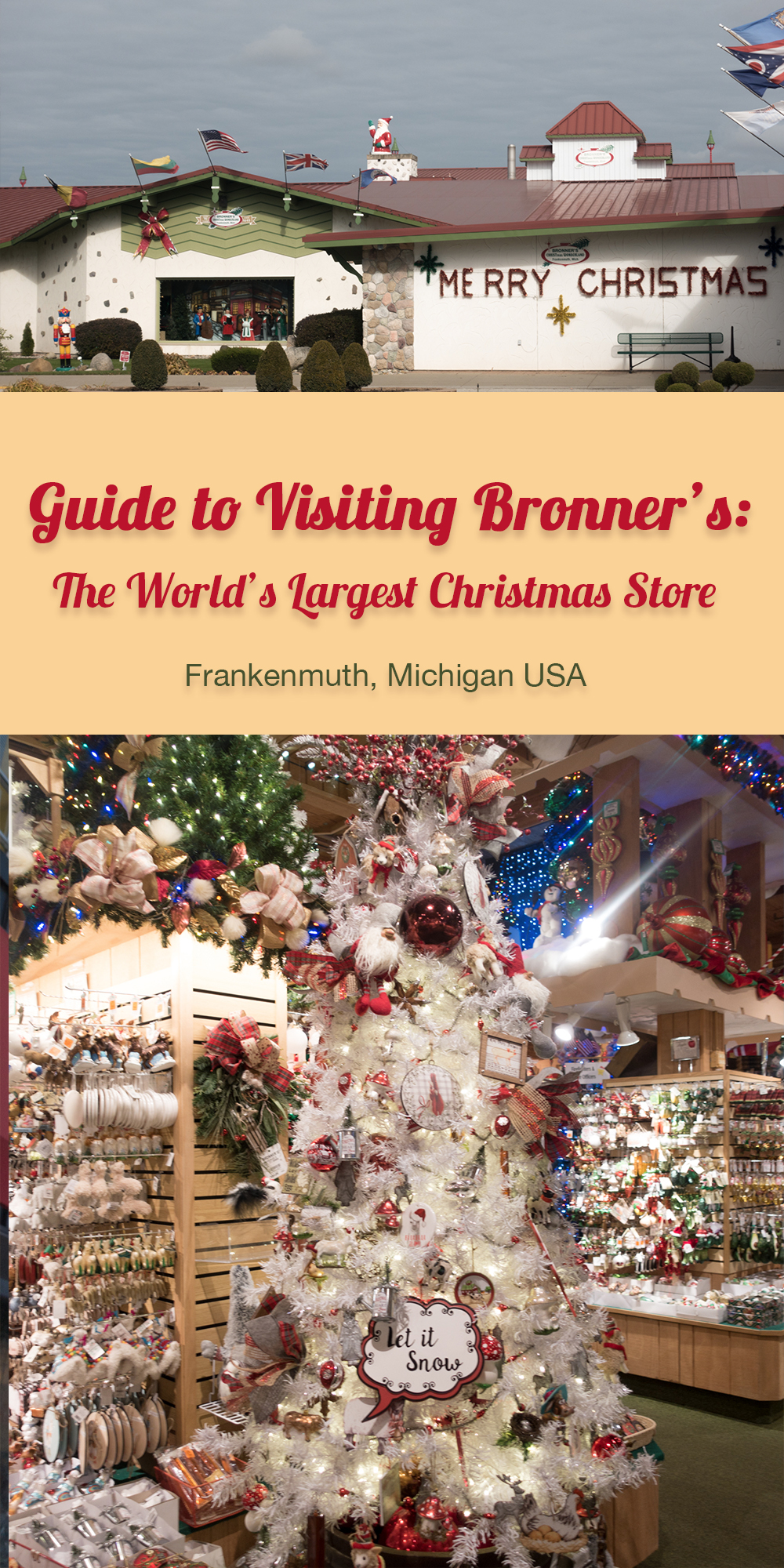 At Bronner's CHRISTmas Wonderland, you can experience Christmas year-round. This guide to visiting Bronner's will show you why you need to visit this magical place. Plus some tips for your visit! #Christmas #Holiday #Michigan #Frankenmuth #Travel #travelguide #shopping 