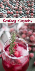 A festive holiday cocktail for your next party! Sugared cranberries add an extra festive touch to the drink! #margarita #holiday #cranberries #Christmas #drink #cocktail #Christmasrecipes #vegan #beverage #tequila