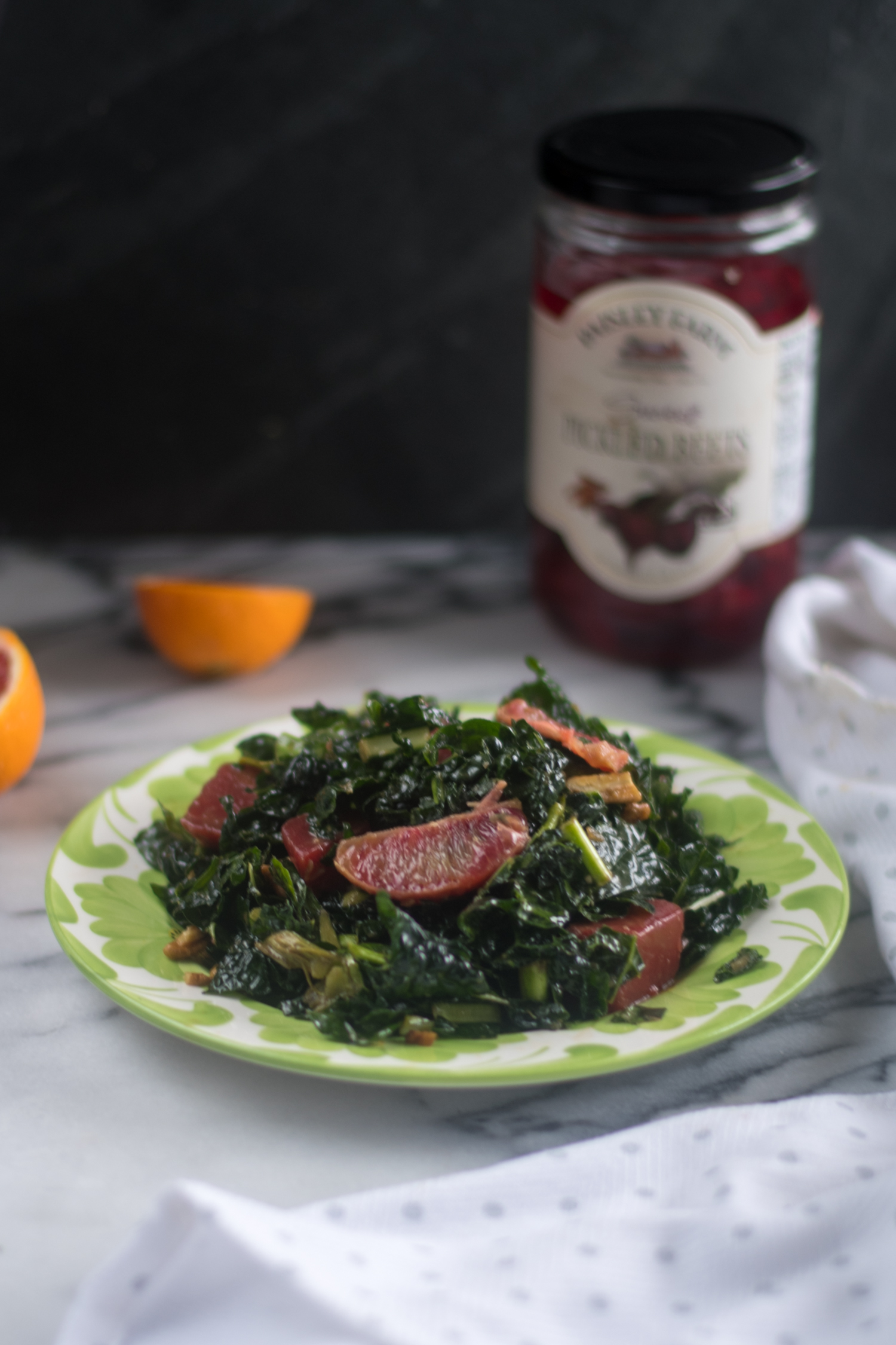 Pickled Beet and Orange Kale Salad with a warm maple and balsamic dressing