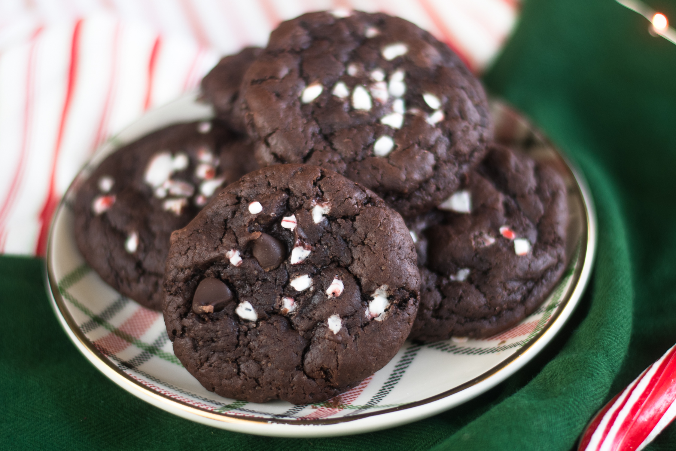 Vegan Chocolate Peppermint Cookies topped with crushed candy canes are perfect for the holidays! #vegan #baking #Christmas #dessert #cookies