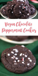 Vegan Chocolate Peppermint Cookies topped with crushed candy canes are perfect for the holidays! #vegan #cookies #dessert #Christmas #holiday #veganrecipes