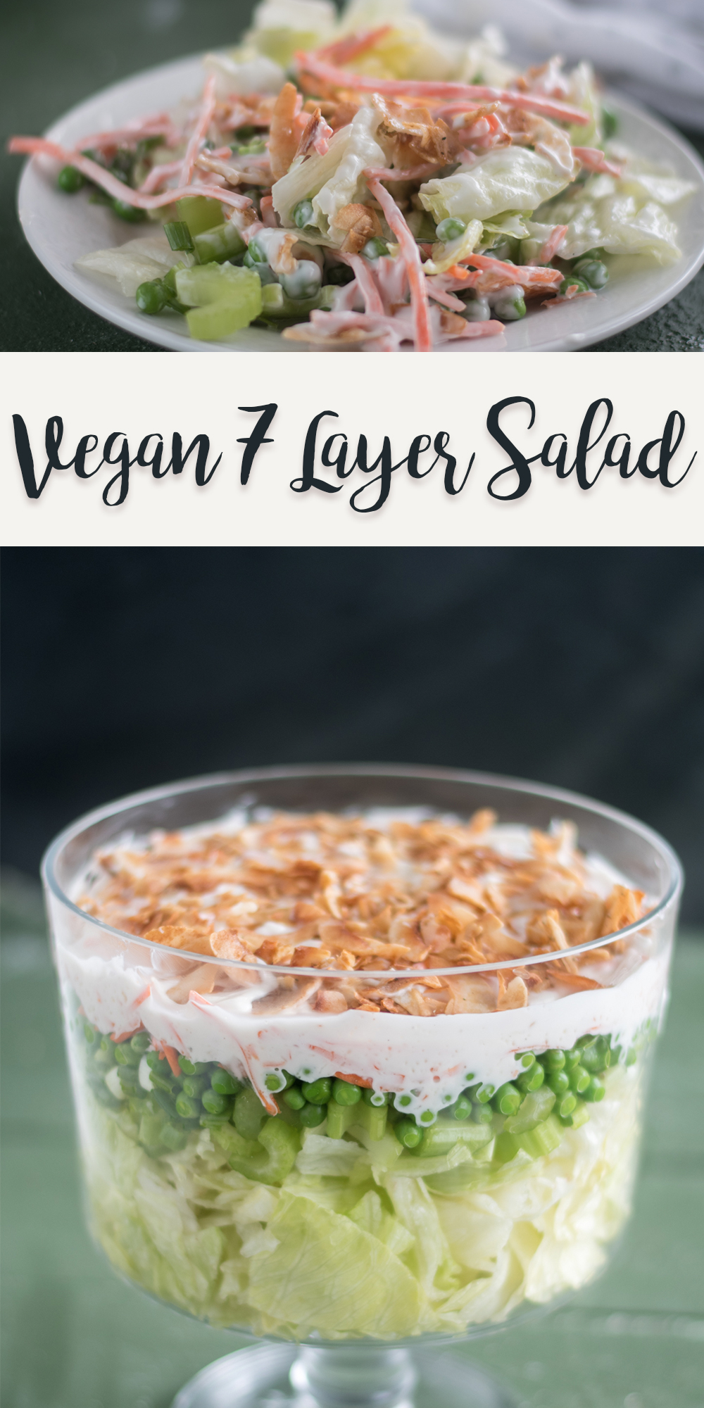 Veagn 7 Layer Salad, also known as overnight salad, is great for potlucks and parties because it can be made ahead of time! #vegan #salad #veganrecipes #Christmas #holiday #vegetarianrecipes #dairyfree #glutenfree