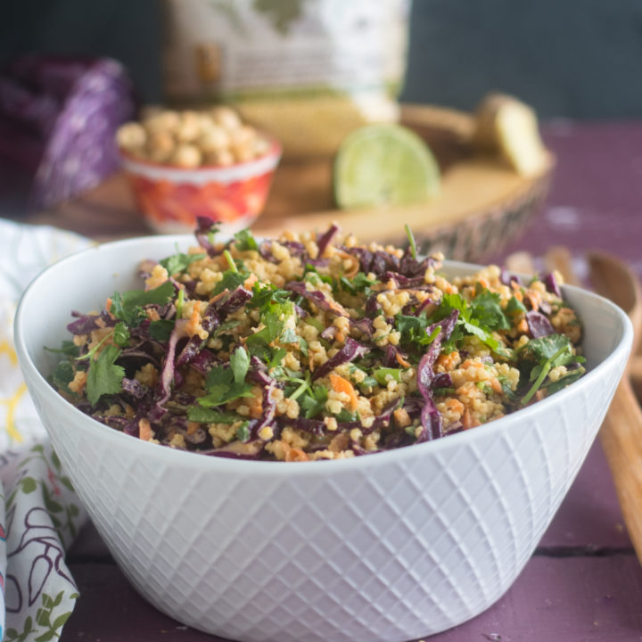 The base of this Vegan Thai Peanut Millet Salad is cooled millet, shredded red cabbage, carrots, green onions, and cilantro. The millet bulks up the salad, adding fiber, B-complex vitamins, as well as several essential amino acids. #salad #vegan #food #healthy #healthyrecipes #glutenfree