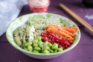 vegan sushi bowl with green tea rice