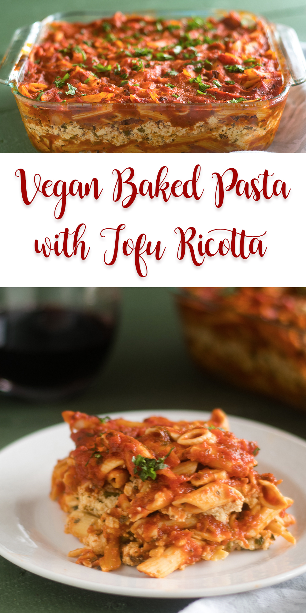 Penne pasta tossed with marinara sauce and layered with tofu ricotta. An easy, budget-friendly meal! #vegan #pasta #casserole #recipes #glutenfree #vegetarian #tofu #easyrecipes 