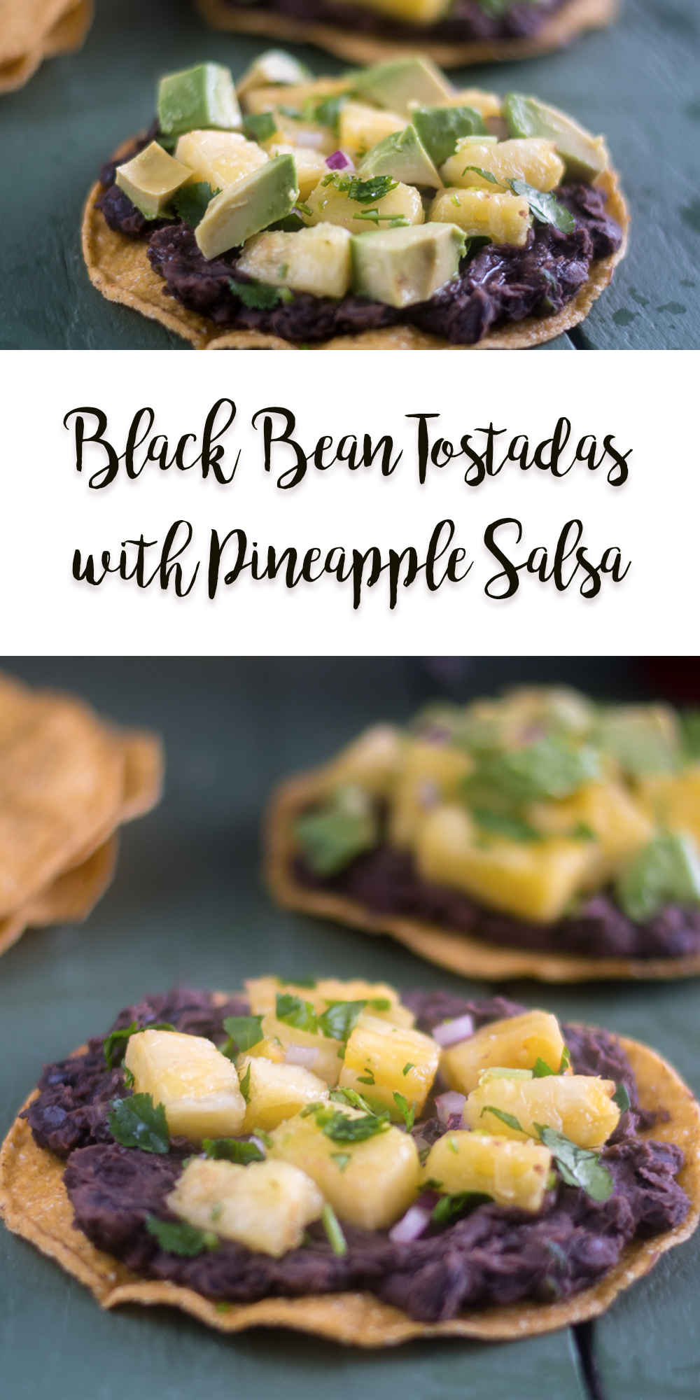 Corn tostadas topped with refried beans and pineapple salsa. A quick and easy meal! #vegan #recipe #easy #easyrecipe #Mexican #Vegan #Tostadas #beans #pineapple #salsa
