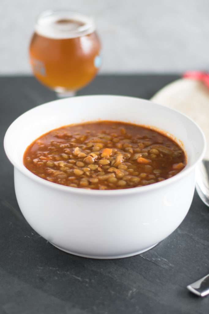 Vegan Lentil Soup with Chorizo is a hearty, healthy meatless recipe that is delicious! #vegan #soup #Mexican #Lentils 