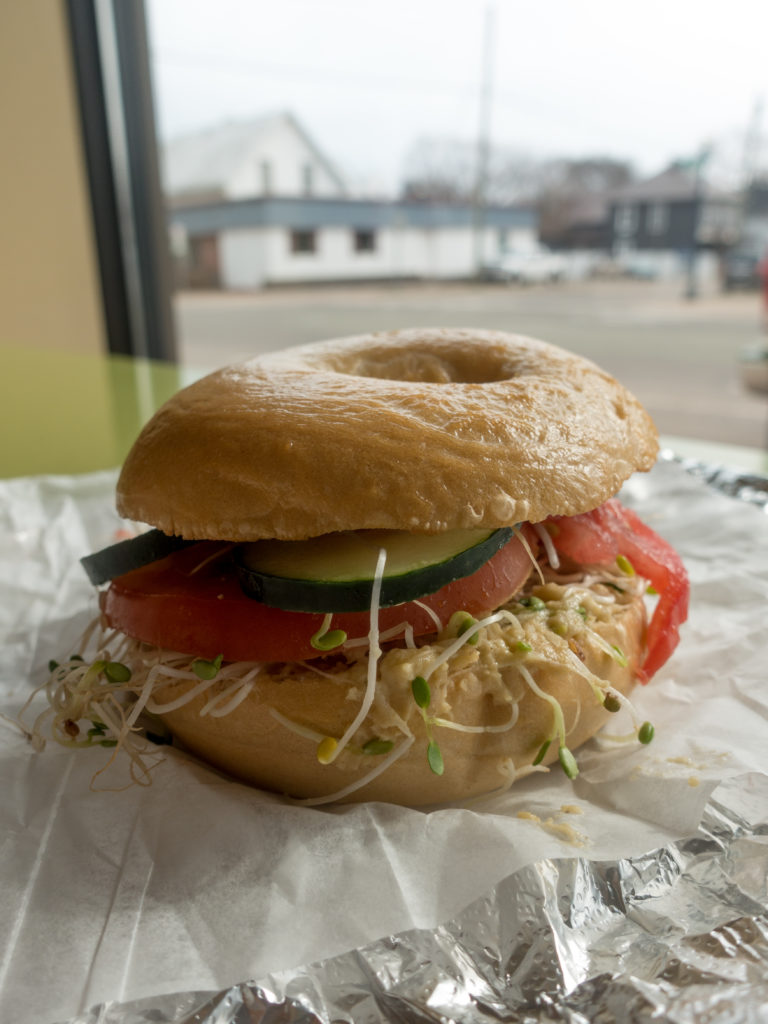 Vegan guide to Marquette, Michigan #vegan #travel #bagel #breakfast #sandwich #hummus 