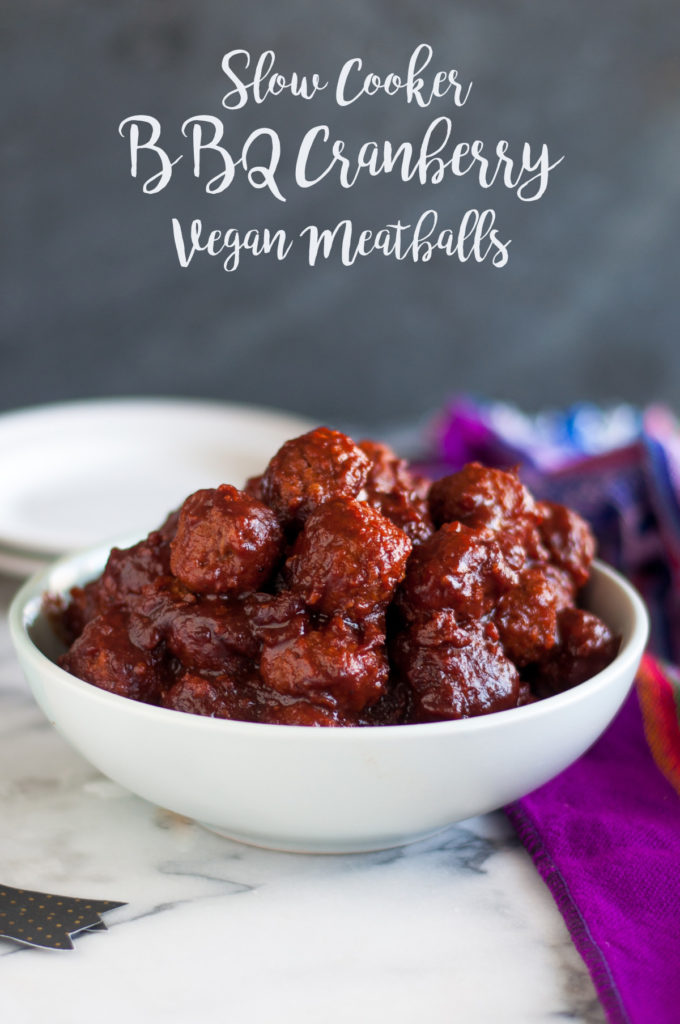 Slow Cooker BBQ Cranberry Vegan Meatballs are perfect for game day or holiday entertaining! #vegan #meatballs #cranberry #BBQ #gameday #holiday #food #recipes #easyrecipes #crockpot #slowcooker 