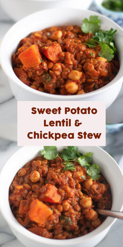 Sweet Potato Lentil and Chickpea Stew with warming spices is a protein packed stew perfect on a chilly night. A healthy stew recipe the family will love! #recipes #healthy #food #vegan #dinner #stew #sweetpotatoes #lentil #chickpeas #easyrecipes 