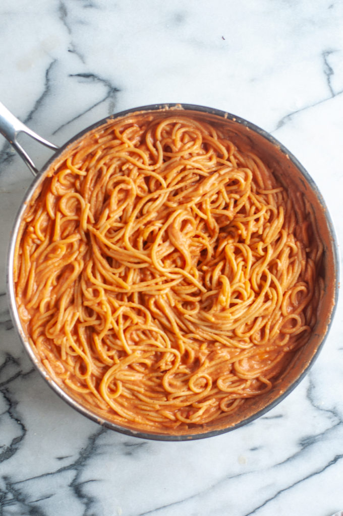 This creamy Vegan Chipotle Spaghetti uses pantry staple ingredients like canned tomatoes and chipotle peppers in adobo sauce to create a delicious pasta that everyone will love!