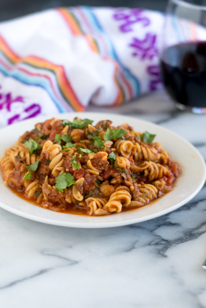This Vegan Chorizo and Chickpea Pasta is one of my favorite pantry staple recipes. The vegan chorizo gives the pasta a spicy kick. It's packed with plant-based protein too! 
