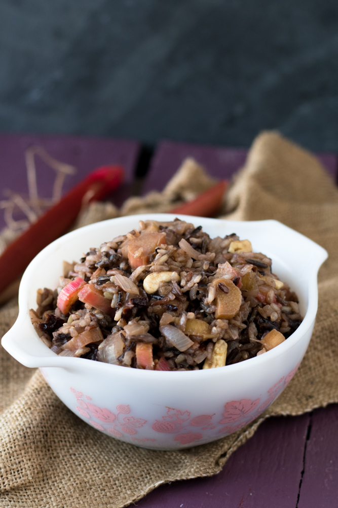 The natural tartness of the rhubarb pairs nicely with the nuttiness of the wild rice. This side dish is great served warm, at room temperature or cold.