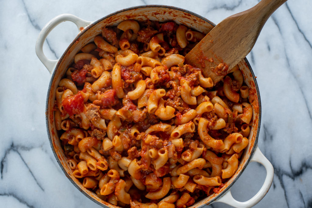 This recipe for vegan goulash is inspired by a childhood favorite pasta recipe! American goulash is an Midwestern classic recipe. It makes a ton and the leftovers are even better! #pasta #vegan #recipe