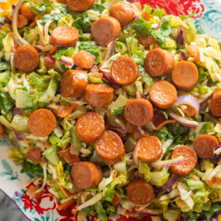 Vegan Hot Dog Salad is perfect for summer! This salad has all your favorite hot dog toppings minus the bun!
