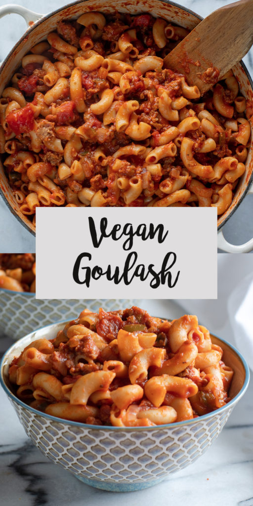 Inspired by the MiIdwest classic goulash, this Vegan Goulash features Beyond Beef and couldn't be easier to make. This pasta recipe is a family favorite! This is great for meal prepping and serving a crowd! #recipe #pasta #vegetarian #vegan #meatless #macaroni #tomato #pantry #easyrecipes #dinner #entree 