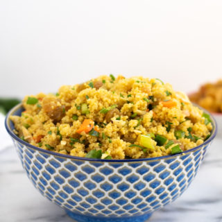 Quick to prepare, this Curried Couscous is a healthy side dish that is full of flavor and textures! #side #couscous #curry #easyrecipe #recipe #vegan