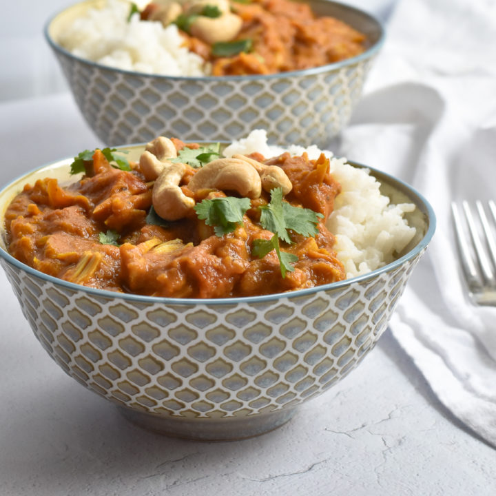 Pumpkin Jackfruit Curry is packed full of flavor. Pumpkin creates a creamy curry. Perfect served over rice.