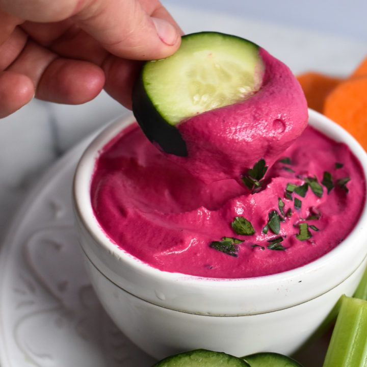 Roasted beets create a gorgeous dip that will brighten up your afternoon snack!