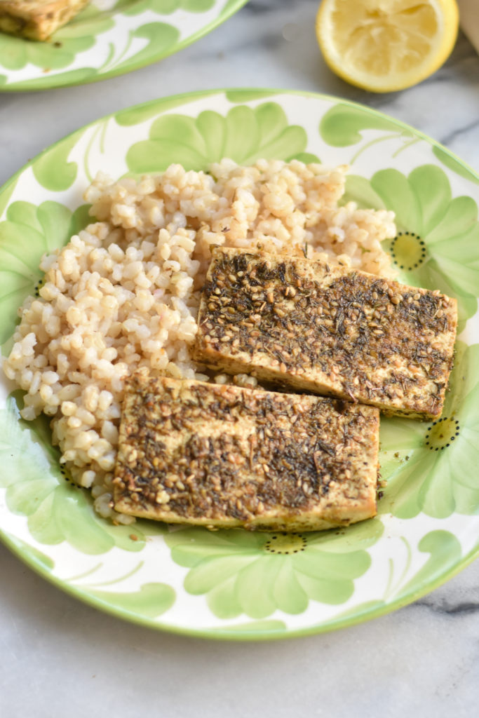 Easy marinated tofu with fresh lemon juice, garlic, olive oil and za'atar. 