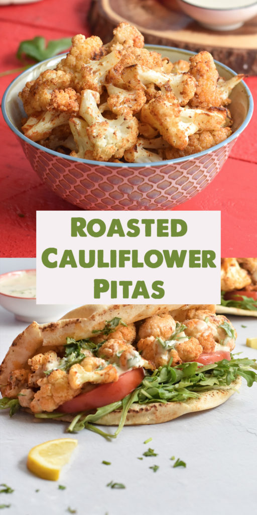 You're going to love easy it is to make this healthy, delicious recipe for Roasted Cauliflower Pitas with garlic lemon tahini sauce. #vegan #recipe #easyrecipe #cauliflower #tahini #pita #sandwich 