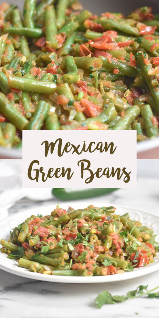 Quick and easy green bean side dish. This Mexican inspired green bean dish is vibrant, healthy and easy to make. #Mexican #VeganMexican #recipes #Vegan #glutenfree #greenbeans 