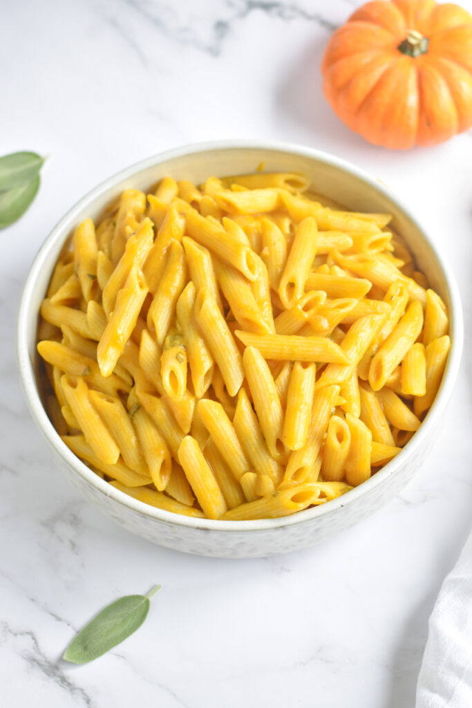 This creamy, dairy-free pasta is the perfect pasta to make during the fall season.  Serve the pumpkin cream sauce over pasta. I like to use penne pasta.  