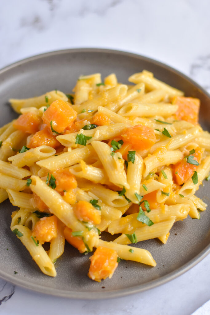 Vegan Pasta with butternut squash, vegan parmesan cheese is perfect for a meatless pasta option. 